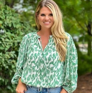 Green Floral Tie-Neck Peasant Blouse - Women's Top